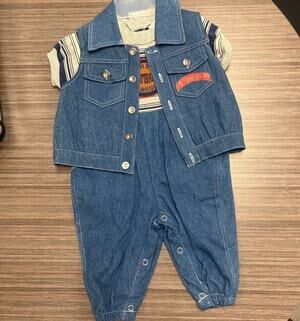 Vintage Little By Little Denim Romper & Vest Set 0 to 6M